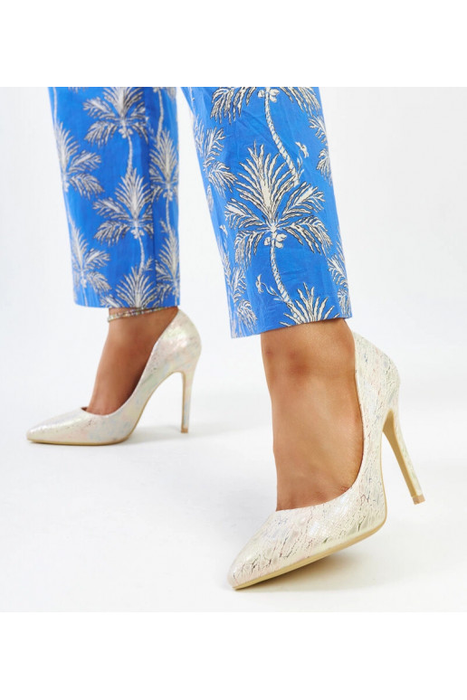 Złote metaliczne szpilki ze skórzaną...