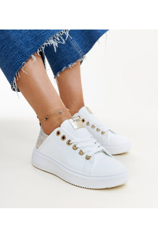 Biało-beżowe sneakersy z cyrkoniami...