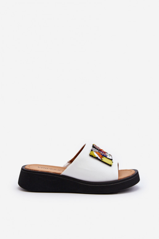 Women's Leather Platform Slippers With Decoration Beige Monroe