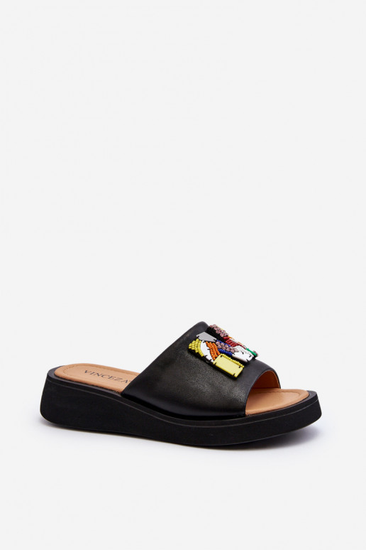 Black Women's Leather Slippers With Ornament Asames