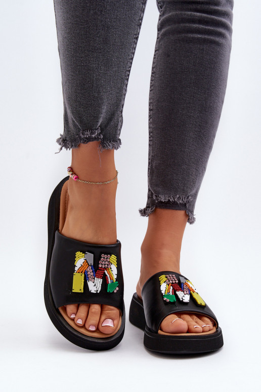 Black Women's Leather Slippers With Ornament Asames