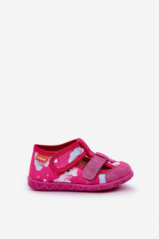Children's slippers Milami with Velcro in unicorns fuchsia Reathiana