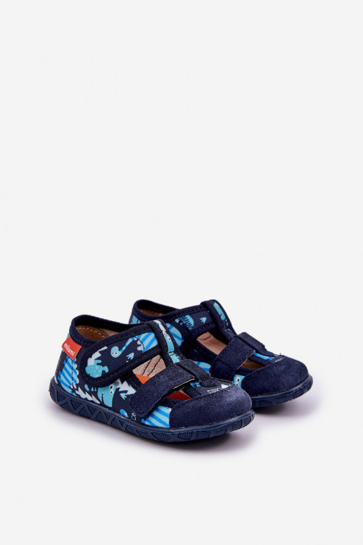 Slippers Milami Children With Velcro In Dinosaur Print Navy Blue Reathiana