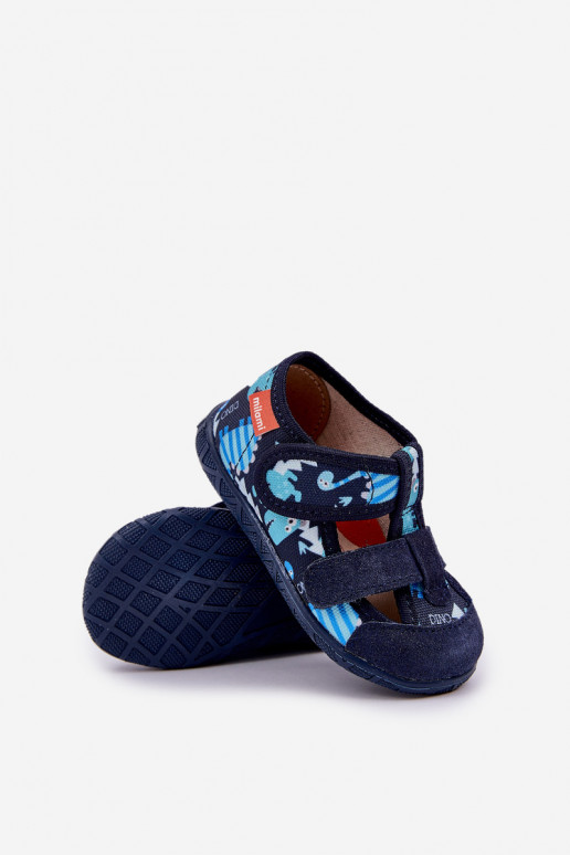 Slippers Milami Children With Velcro In Dinosaur Print Navy Blue Reathiana