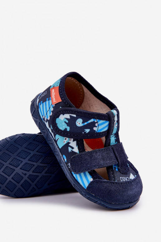 Slippers Milami Children With Velcro In Dinosaur Print Navy Blue Reathiana