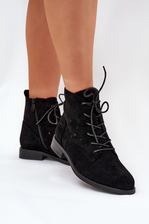 Laced Ankle Boots With Openwork Pattern S.Barski HY51-136 Black Laced Ankle Boots With Openwork Pattern S.Barski HY51-136 Black