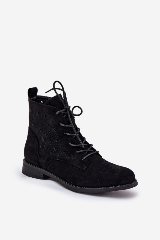 Laced Ankle Boots With Openwork Pattern S.Barski HY51-136 Black Laced Ankle Boots With Openwork Pattern S.Barski HY51-136 Black