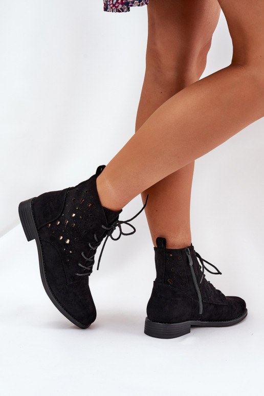 Laced Ankle Boots With Openwork Pattern S.Barski HY51-136 Black Laced Ankle Boots With Openwork Pattern S.Barski HY51-136 Black