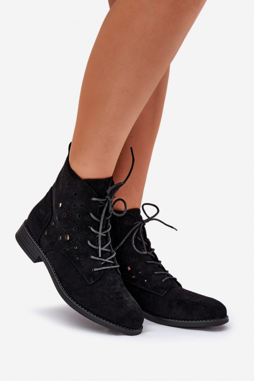 Laced Ankle Boots With Openwork Pattern S.Barski HY51-136 Black Laced Ankle Boots With Openwork Pattern S.Barski HY51-136 Black