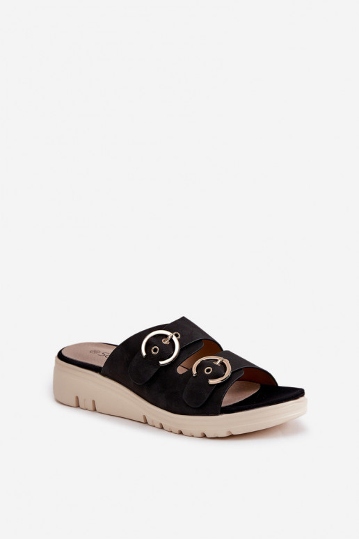 Lekkie Klapki Damskie Na Koturnie Z Klamrami Czarne Hellexia