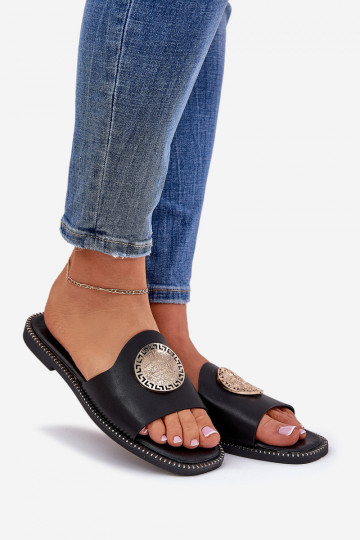 Eco Leather Slides On Flat Heel With Decoration Black Tatereia