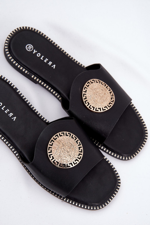 Eco Leather Slides On Flat Heel With Decoration Black Tatereia