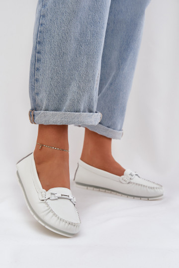 Flat Leather Loafers With Decoration S.Barski LR51-547 White 2