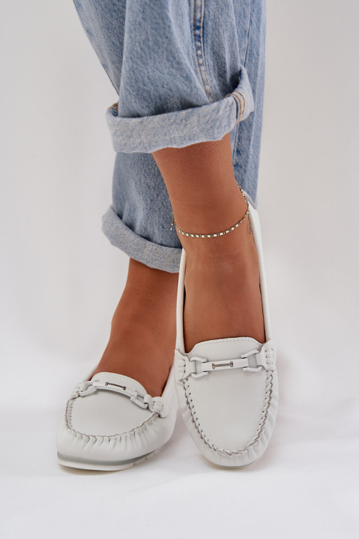 Flat Leather Loafers With Decoration S.Barski LR51-547 White Flat Leather Loafers With Decoration S.Barski LR51-547 White