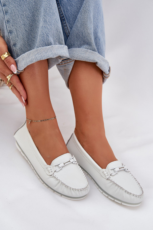 Flat Leather Loafers With Decoration S.Barski LR51-547 White Flat Leather Loafers With Decoration S.Barski LR51-547 White