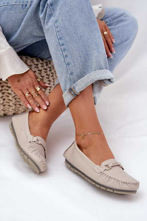 Flat Leather Moccasins With Decoration S.Barski LR51-547 Beige Flat Leather Moccasins With Decoration S.Barski LR51-547 Beige