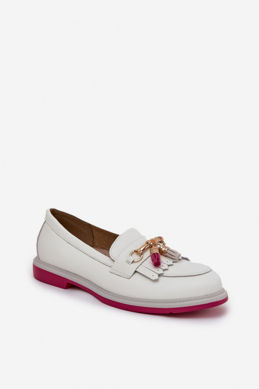 Leather Elegant Moccasins On Flat Heel S.Barski LR51-768A White Leather Elegant Moccasins On Flat Heel S.Barski LR51-768A White