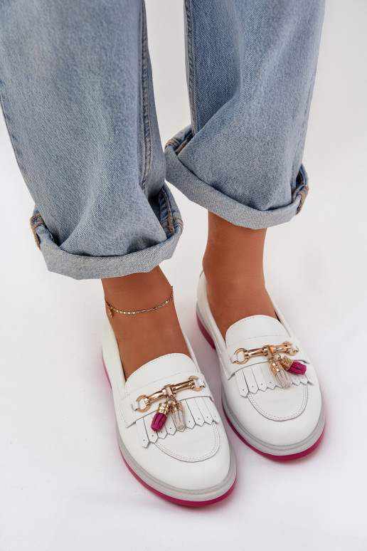 Leather Elegant Moccasins On Flat Heel S.Barski LR51-768A White Leather Elegant Moccasins On Flat Heel S.Barski LR51-768A White