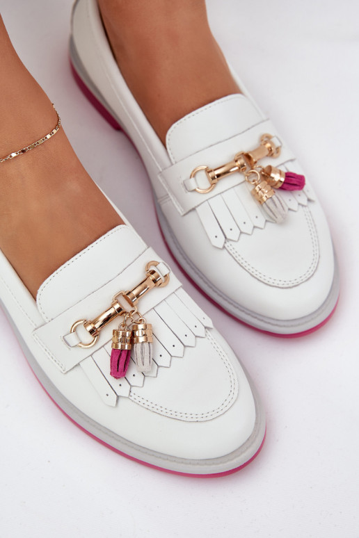 Leather Elegant Moccasins On Flat Heel S.Barski LR51-768A White Leather Elegant Moccasins On Flat Heel S.Barski LR51-768A White