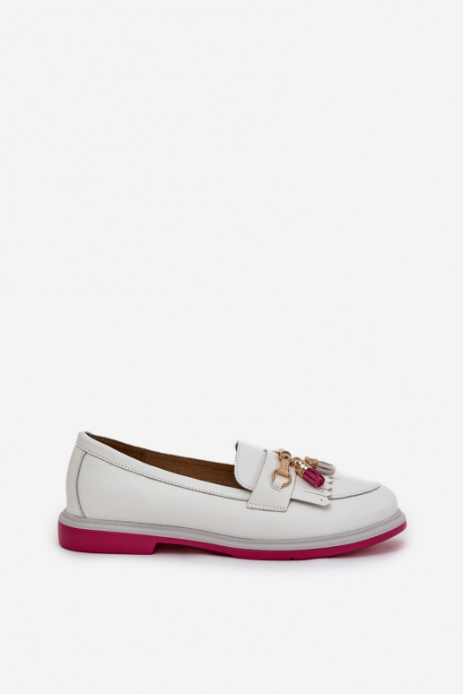 Leather Elegant Moccasins On Flat Heel S.Barski LR51-768A White Leather Elegant Moccasins On Flat Heel S.Barski LR51-768A White