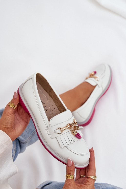 Leather Elegant Moccasins On Flat Heel S.Barski LR51-768A White Leather Elegant Moccasins On Flat Heel S.Barski LR51-768A White