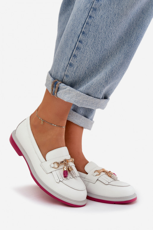 Leather Elegant Moccasins On Flat Heel S.Barski LR51-768A White Leather Elegant Moccasins On Flat Heel S.Barski LR51-768A White