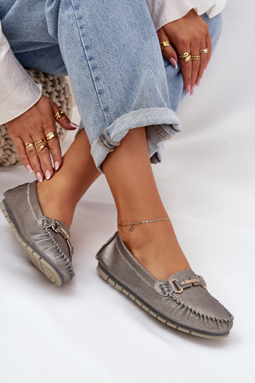 Glitter Flat Moccasins Made Of Natural Leather D&A LR51-546 Silver Glitter Flat Moccasins Made Of Natural Leather D&A LR51-546 Silver