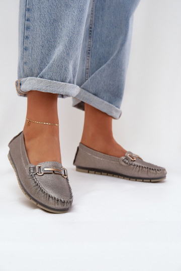 Glitter Flat Moccasins Made Of Natural Leather D&A LR51-546 Silver 2
