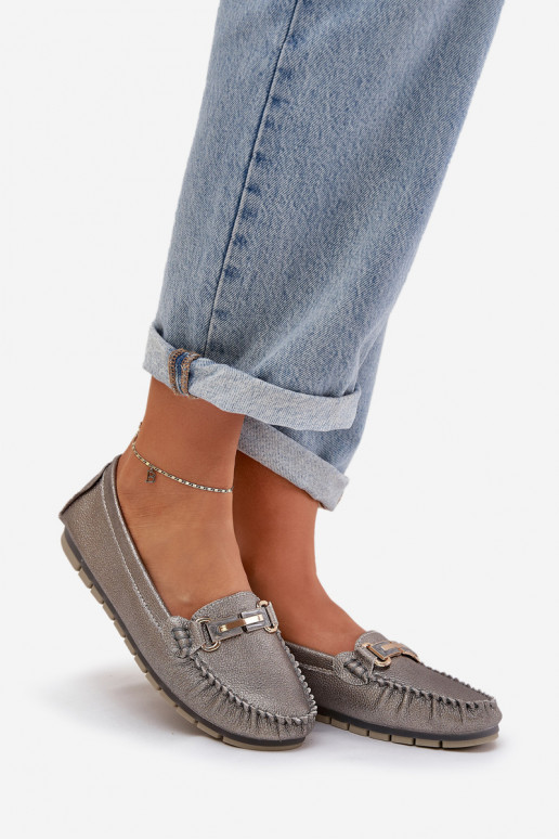 Glitter Flat Moccasins Made Of Natural Leather D&A LR51-546 Silver Glitter Flat Moccasins Made Of Natural Leather D&A LR51-546 Silver