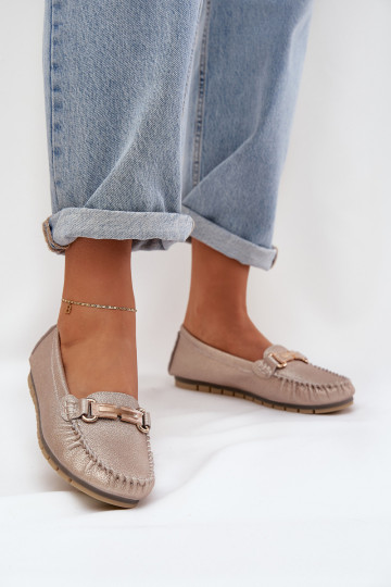 Glitter Flat Moccasins Made Of Natural Leather D&A LR51-546 Golden 2