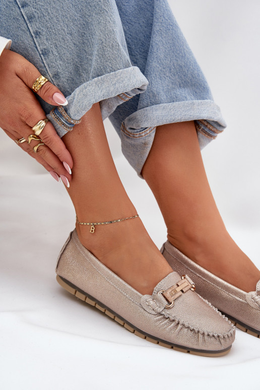 Brokatowe Płaskie Mokasyny Ze Skóry Naturalnej D&A LR51-546 Złote Brokatowe Płaskie Mokasyny Ze Skóry Naturalnej D&A LR51-546 Złote