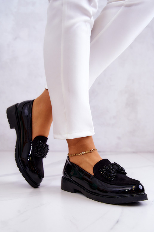 Eleganckie Lakierowane Mokasyny Loafery Czarne Belize