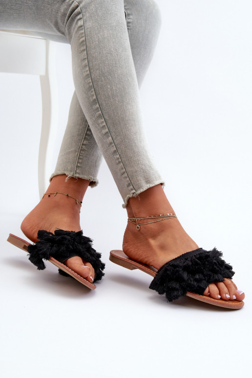 Women's Flat Sandals with Fringes Black Rialle Women's Flat Sandals with Fringes Black Rialle