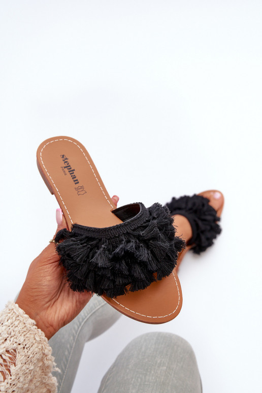 Women's Flat Sandals with Fringes Black Rialle Women's Flat Sandals with Fringes Black Rialle