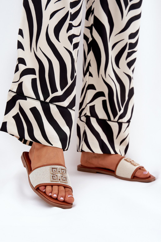 Elegant Women's Slippers With Decoration On Flat Heel Camel Lovehia