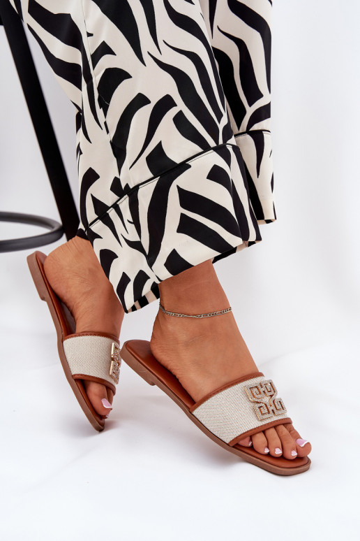 Elegant Women's Slippers With Decoration On Flat Heel Camel Lovehia