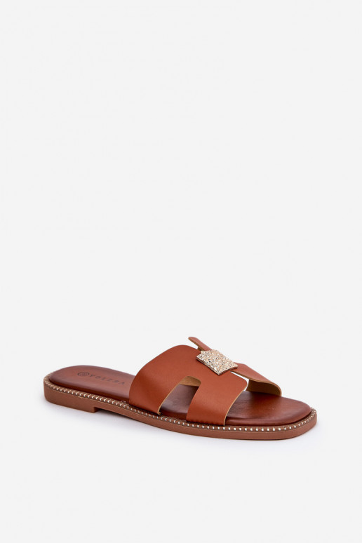 Flat Slippers With Cutouts And Decoration Camel Bohalis