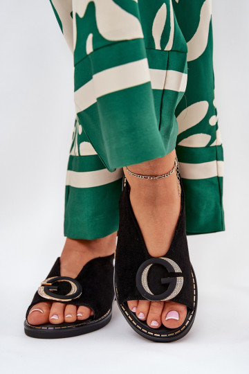 Elegant Women's Sandals with Gold Decoration on Flat Heel Black S.Barski KV27-053 2