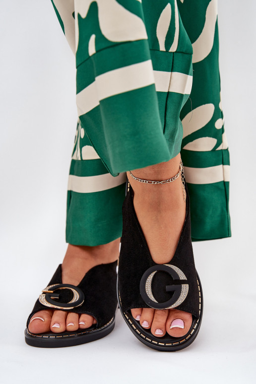 Elegant Women's Sandals with Gold Decoration on Flat Heel Black S.Barski KV27-053