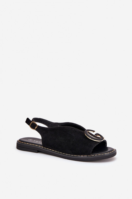 Elegant Women's Sandals with Gold Decoration on Flat Heel Black S.Barski KV27-053