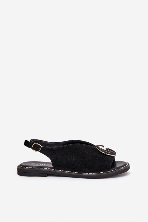 Elegant Women's Sandals with Gold Decoration on Flat Heel Black S.Barski KV27-053