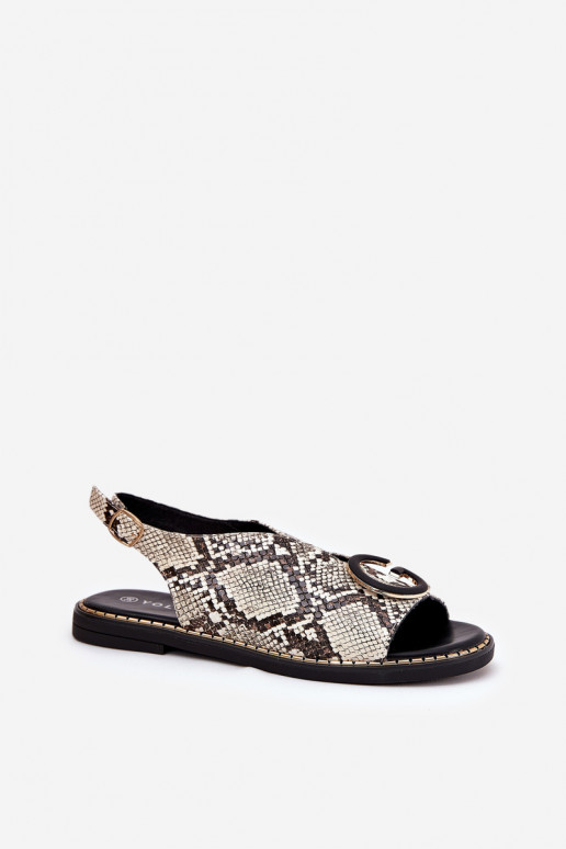 Flat Sandals With Decoration Snake Pattern Beige-Brown Haliones Flat Sandals With Decoration Snake Pattern Beige-Brown Haliones