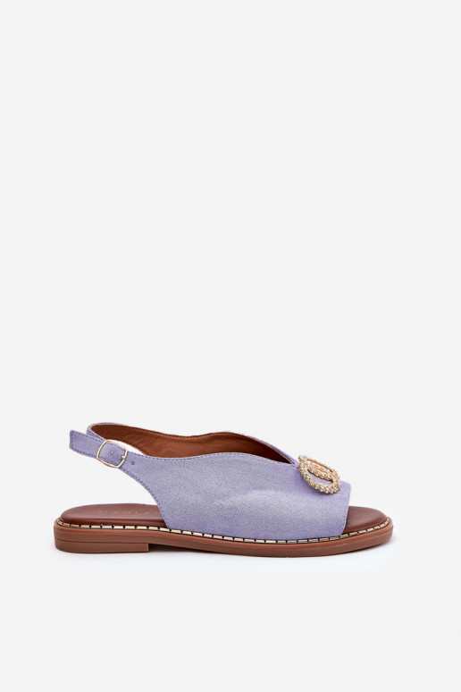 Women's Sandals With Decoration On Flat Blue Heel Eco Suede Beige Ralisses Women's Sandals With Decoration On Flat Blue Heel Eco Suede Beige Ralisses