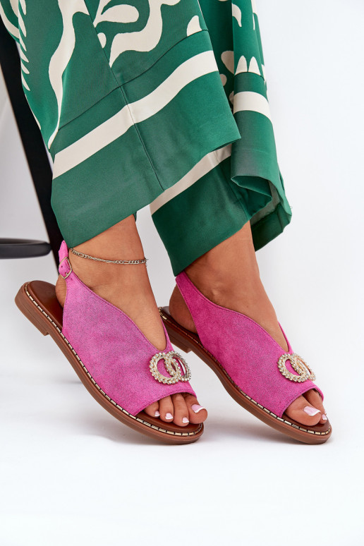 Ladies Sandals With Decoration On Flat Heel Eco Suede Pink Ralisses