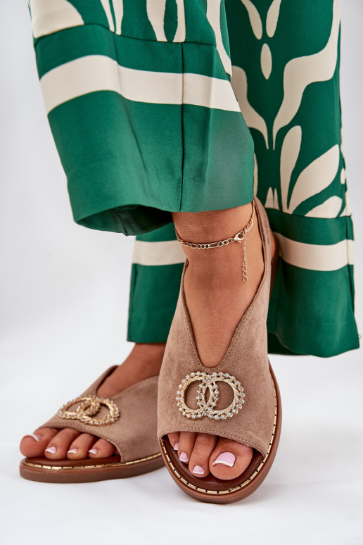 Ladies Sandals With Decoration On Flat Heel Eco Suede Dark Beige Ralisses Ladies Sandals With Decoration On Flat Heel Eco Suede Dark Beige Ralisses