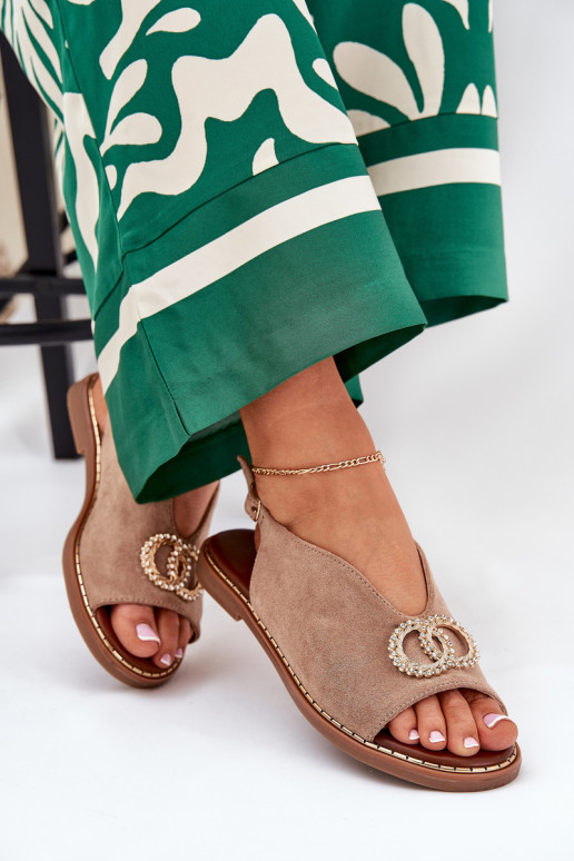 Ladies Sandals With Decoration On Flat Heel Eco Suede Dark Beige Ralisses Ladies Sandals With Decoration On Flat Heel Eco Suede Dark Beige Ralisses