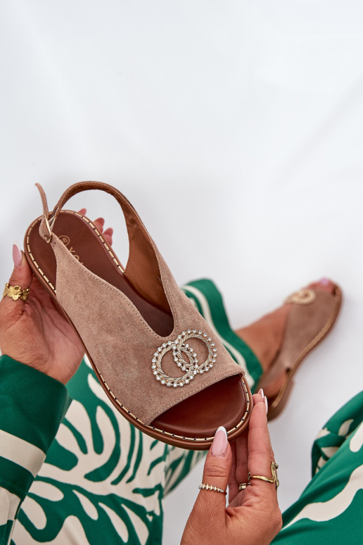 Ladies Sandals With Decoration On Flat Heel Eco Suede Dark Beige Ralisses Ladies Sandals With Decoration On Flat Heel Eco Suede Dark Beige Ralisses