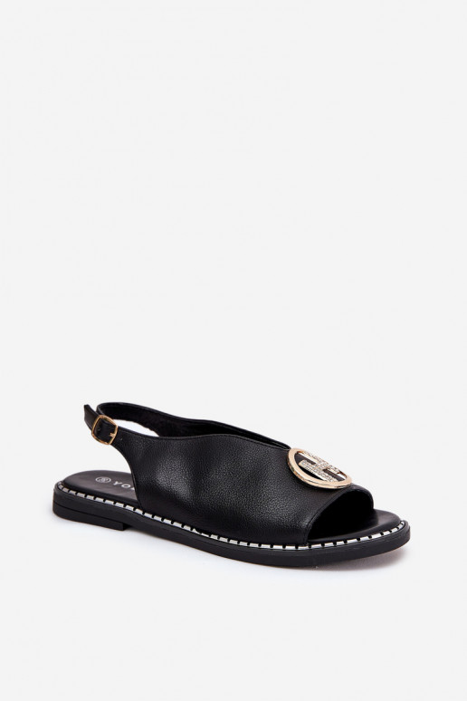 Płaskie Eleganckie Sandały Z Ozdobą Czarne Iseliria Płaskie Eleganckie Sandały Z Ozdobą Czarne Iseliria