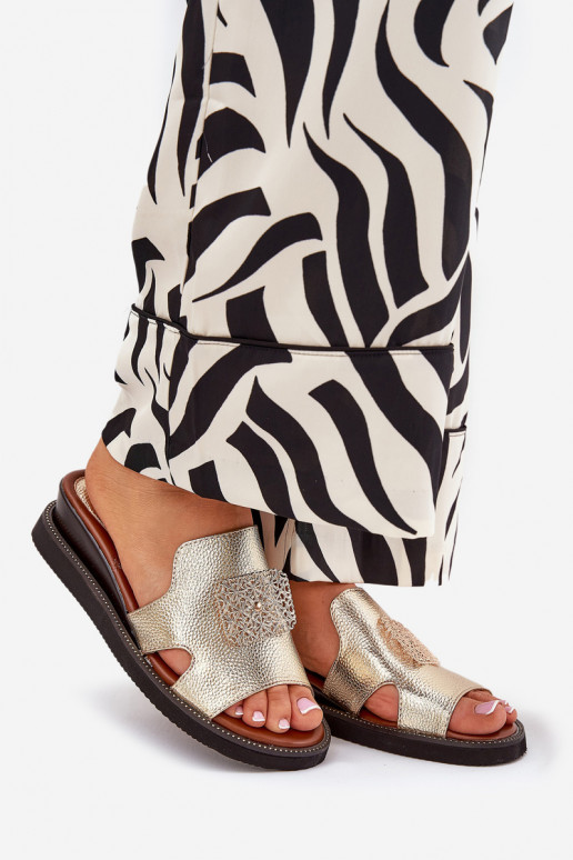 Ladies Wedge Sandals Eco Leather With Decoration Gold Sarela