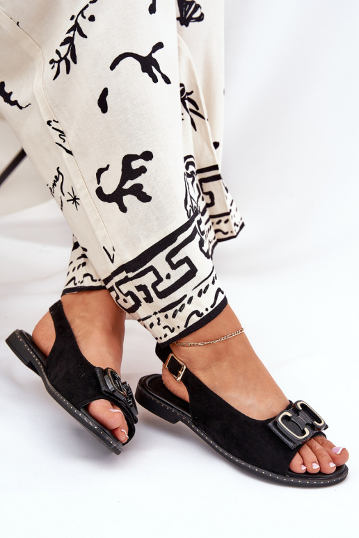 Flat Sandals With Decoration Eco Suede Black Lilria Flat Sandals With Decoration Eco Suede Black Lilria